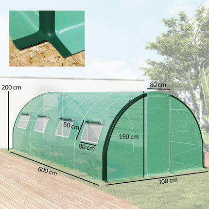6 x 3 Metre Walk-In Polytunnel Greenhouse with Galvanised Steel Frame - Green