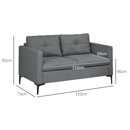 133cm Modern Loveseat Sofa with Steel Legs Upholstered 2 Seater Couch - Dark Grey