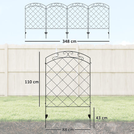 Set of 4 Steel Decorative Outdoor Picket Fence Panels 3.5m Length - Black