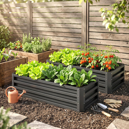Set of 2 Galvanised Steel Raised Garden Beds with Open Bottom - Dark Grey