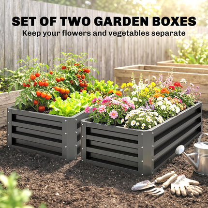 Set of 2 Galvanised Steel Raised Garden Beds with Open Bottom - Dark Grey