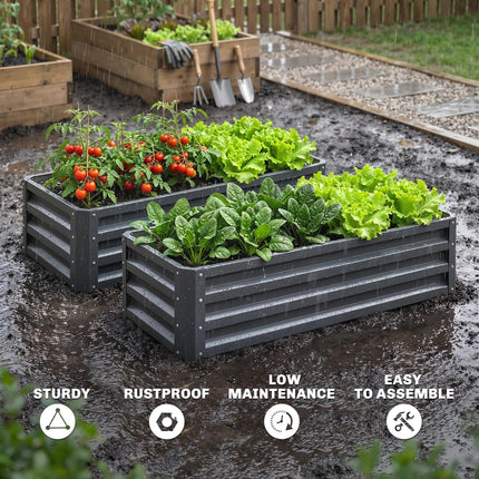 Set of 2 Galvanised Steel Raised Garden Beds with Open Bottom - Dark Grey