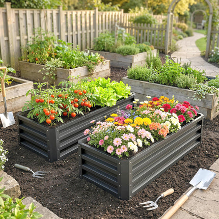 Set of 2 Galvanised Steel Raised Garden Beds with Open Bottom - Dark Grey