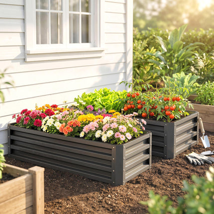 Set of 2 Galvanised Steel Raised Garden Beds with Open Bottom - Dark Grey