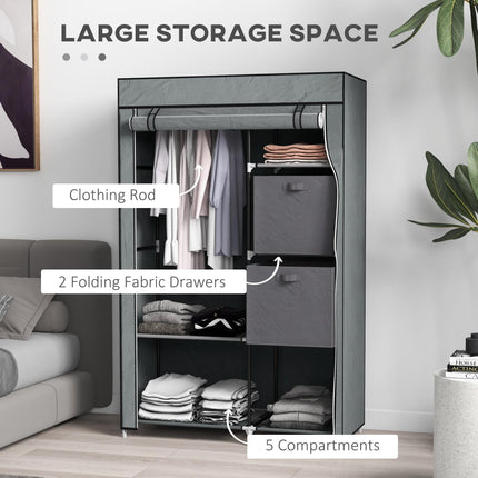 Portable Fabric Wardrobe with 5 Compartments & Hanging Rail - Dark Grey