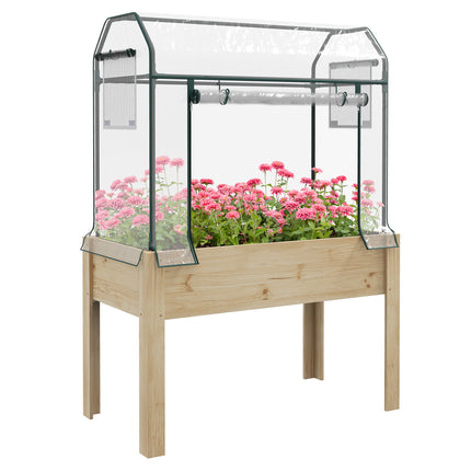 Wooden Raised Garden Bed 109cm with Greenhouse Cover and Fabric Liner - Natural