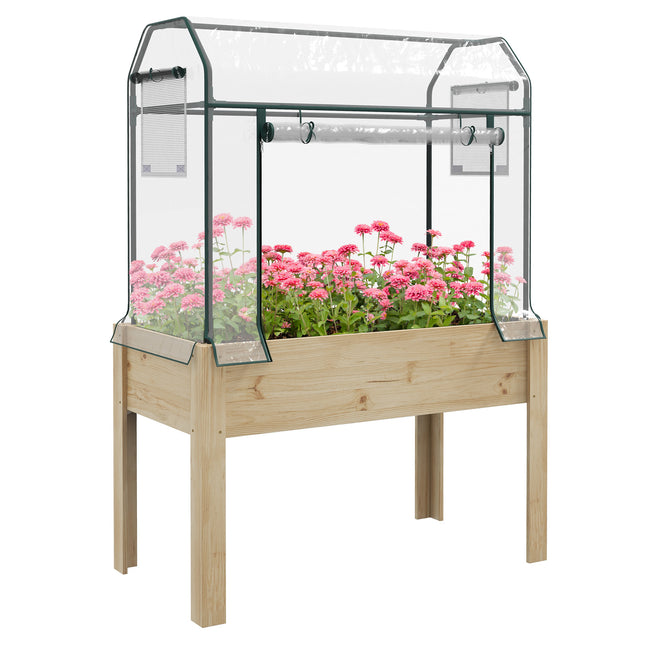 Wooden Raised Garden Bed 109cm with Greenhouse Cover and Fabric Liner - Natural