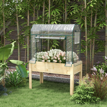 Wooden Raised Garden Bed 109cm with Greenhouse Cover and Fabric Liner - Natural