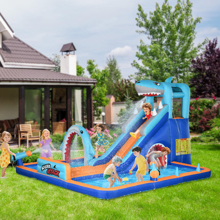 6 in 1 Shark-Themed Inflatable Bouncy Castle with Slide, Pool & Trampoline for Ages 3-8 - Multicoloured