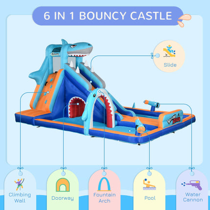 6 in 1 Shark-Themed Inflatable Bouncy Castle with Slide, Pool & Trampoline for Ages 3-8 - Multicoloured