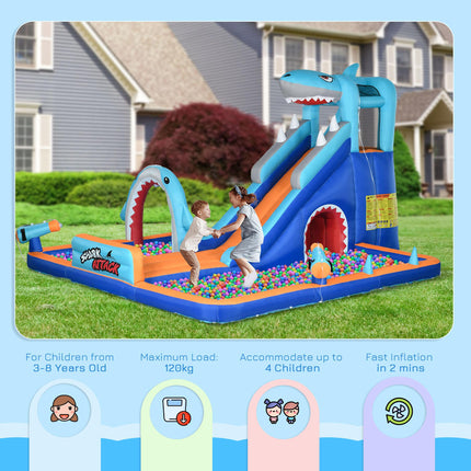 6 in 1 Shark-Themed Inflatable Bouncy Castle with Slide, Pool & Trampoline for Ages 3-8 - Multicoloured