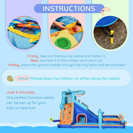 6 in 1 Shark-Themed Inflatable Bouncy Castle with Slide, Pool & Trampoline for Ages 3-8 - Multicoloured