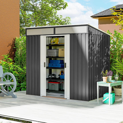 6.5 x 4FT Galvanised Metal Garden Shed with Lockable Double Sliding Doors - Grey