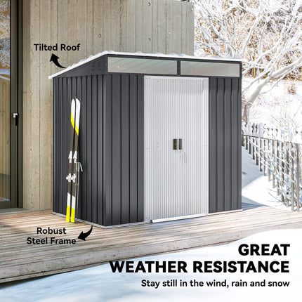 6.5 x 4FT Galvanised Metal Garden Shed with Lockable Double Sliding Doors - Grey