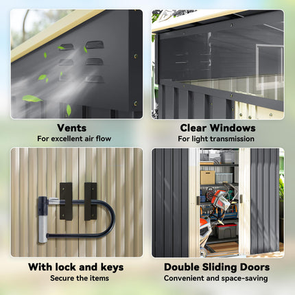 6.5 x 4FT Galvanised Metal Garden Shed with Lockable Double Sliding Doors - Grey