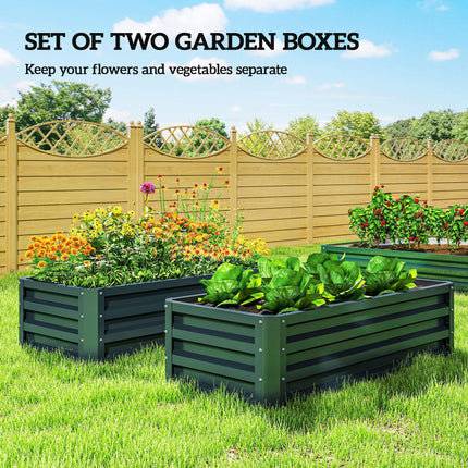 Set of 2 Galvanised Steel Raised Garden Beds with Open Bottom - Green