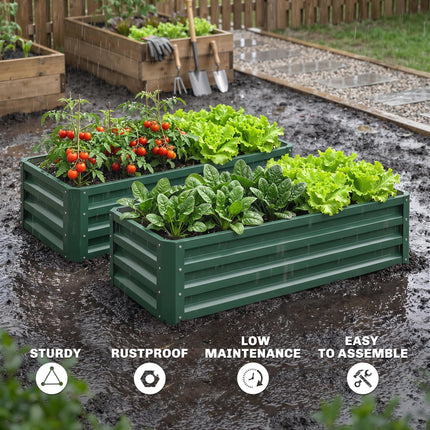 Set of 2 Galvanised Steel Raised Garden Beds with Open Bottom - Green