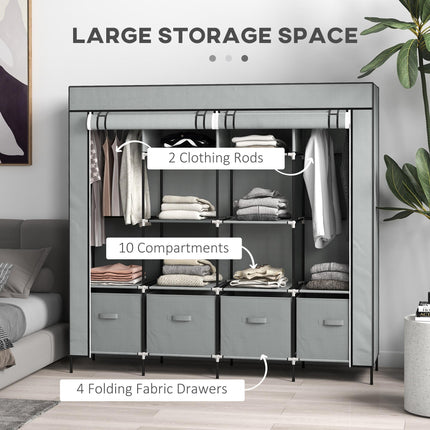 Portable Fabric Wardrobe with 10 Compartments & 4 Drawers - Dark Grey
