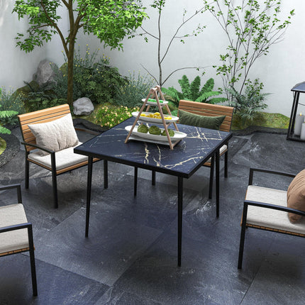 4 Seater Outdoor Dining Table with Marble Effect Tempered Glass Top - Black