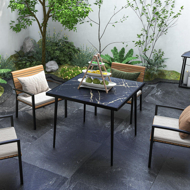 4 Seater Outdoor Dining Table with Marble Effect Tempered Glass Top - Black