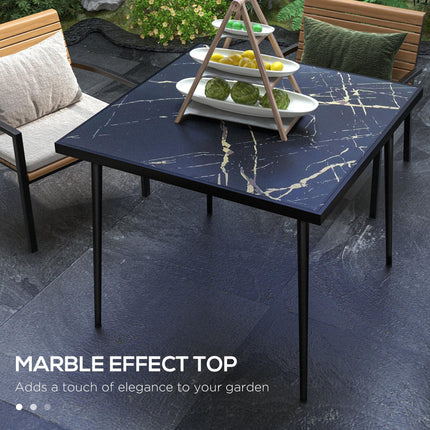 4 Seater Outdoor Dining Table with Marble Effect Tempered Glass Top - Black