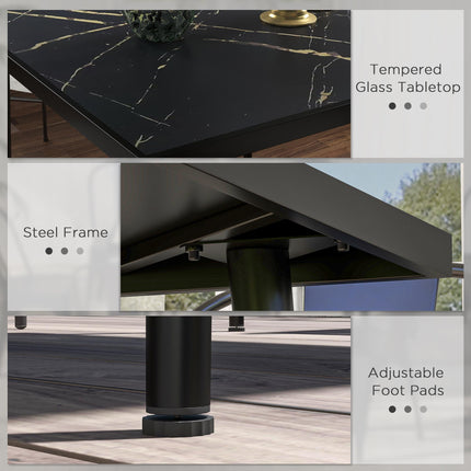 4 Seater Outdoor Dining Table with Marble Effect Tempered Glass Top - Black