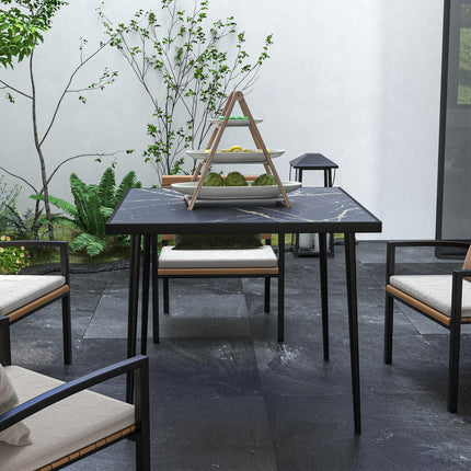 4 Seater Outdoor Dining Table with Marble Effect Tempered Glass Top - Black