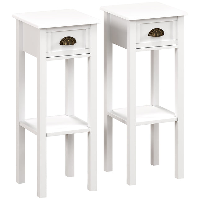 2-Tier Side Tables Set of 2 with Drawer and Shelf, 2 Pieces Bedside Tables for Living Room and Hallway, White