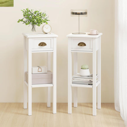 2-Tier Side Tables Set of 2 with Drawer and Shelf, 2 Pieces Bedside Tables for Living Room and Hallway, White