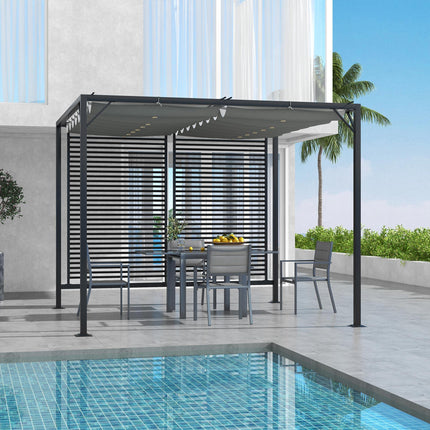 3 x 2.8m Metal Pergola with Retractable Fabric Roof - Grey