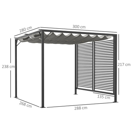 3 x 2.8m Metal Pergola with Retractable Fabric Roof - Grey