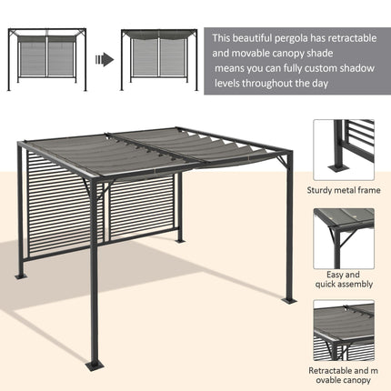 3 x 2.8m Metal Pergola with Retractable Fabric Roof - Grey