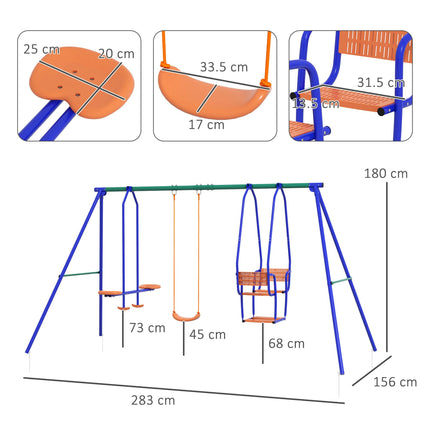3 in 1 Metal Kids Swing Set with Glider and Rocking Chair - Orange