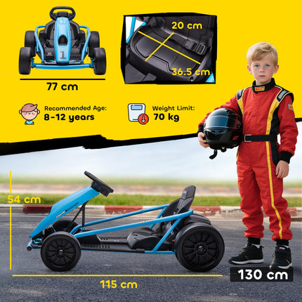 24V Electric Drift Go Kart for Kids 8-12 Years with 2 Speeds and Music Horn - Blue