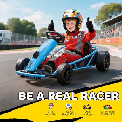 24V Electric Drift Go Kart for Kids 8-12 Years with 2 Speeds and Music Horn - Blue