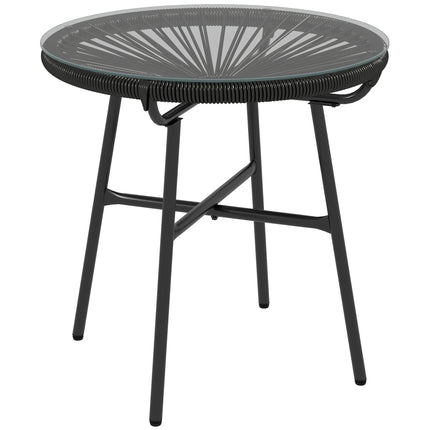 Round Rattan Side Table with Tempered Glass Top for Outdoor Patio Garden Balcony - Black