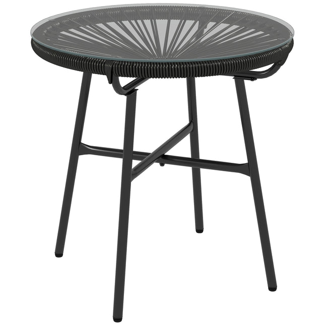 Round Rattan Side Table with Tempered Glass Top for Outdoor Patio Garden Balcony - Black