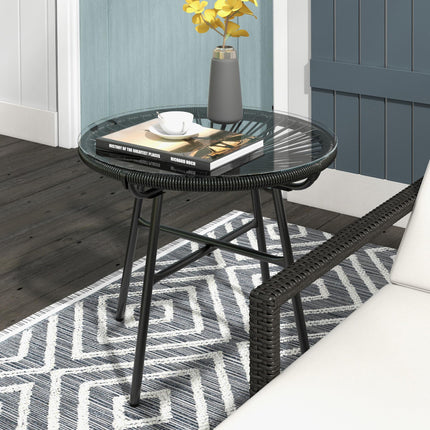 Round Rattan Side Table with Tempered Glass Top for Outdoor Patio Garden Balcony - Black