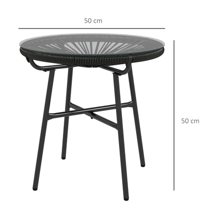 Round Rattan Side Table with Tempered Glass Top for Outdoor Patio Garden Balcony - Black