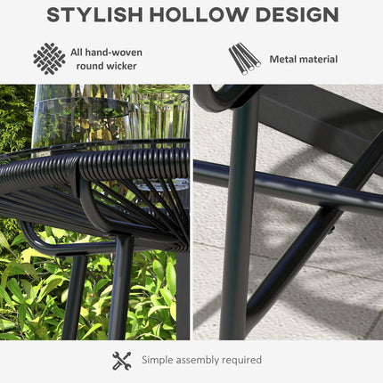 Round Rattan Side Table with Tempered Glass Top for Outdoor Patio Garden Balcony - Black