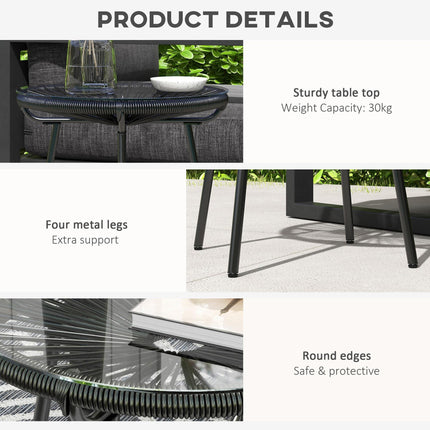 Round Rattan Side Table with Tempered Glass Top for Outdoor Patio Garden Balcony - Black