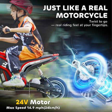 24V Electric Dirt Bike with Twist Grip Throttle, Music Horn & 12" Pneumatic Tyres - Red
