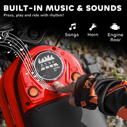 24V Electric Dirt Bike with Twist Grip Throttle, Music Horn & 12" Pneumatic Tyres - Red