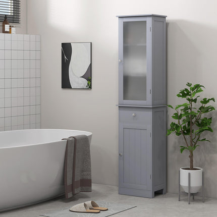 Bathroom Storage Cabinet with 3-Tier Shelves, Drawer & Door, Tall Slim Floor Organizer - Grey