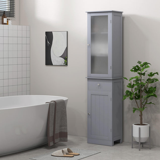Bathroom Storage Cabinet with 3-Tier Shelves, Drawer & Door, Tall Slim Floor Organizer - Grey