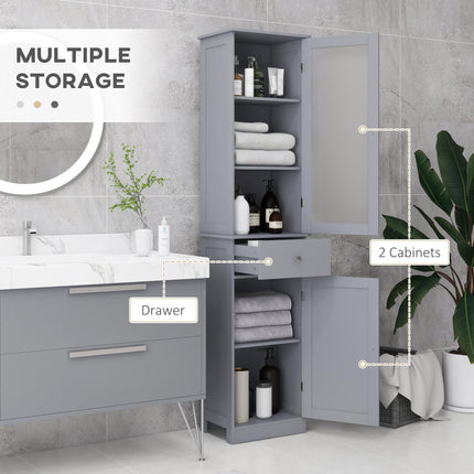 Bathroom Storage Cabinet with 3-Tier Shelves, Drawer & Door, Tall Slim Floor Organizer - Grey