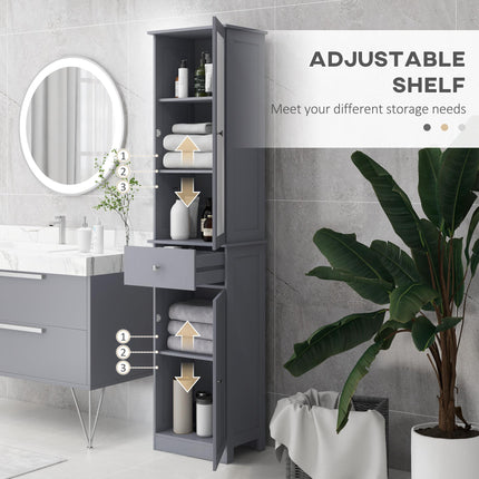 Bathroom Storage Cabinet with 3-Tier Shelves, Drawer & Door, Tall Slim Floor Organizer - Grey