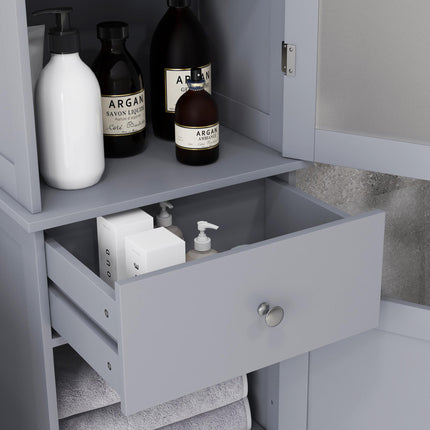 Bathroom Storage Cabinet with 3-Tier Shelves, Drawer & Door, Tall Slim Floor Organizer - Grey