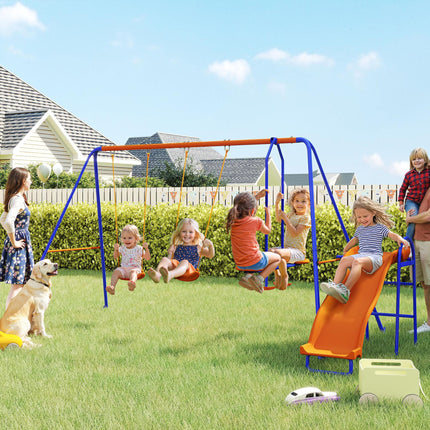 4 in 1 Metal Garden Swing Set with Double Swings and Slide - Orange