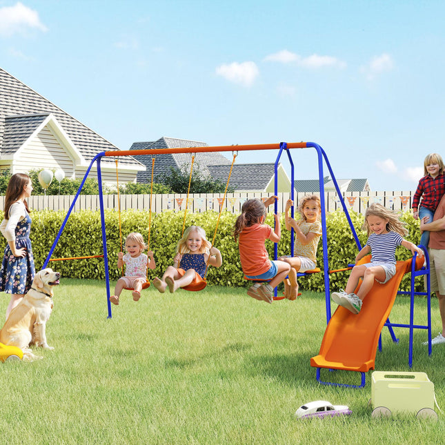 4 in 1 Metal Garden Swing Set with Double Swings and Slide - Orange